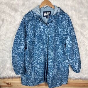 Lands End Womens Windbreaker Jacket Size 3X Blue Floral Lightweight Lined Rain